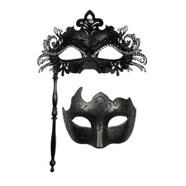 Yimianshou Masquerade Mask for Couples Women Men with stick Mardi Gras Venetian Party Mask Set (Stick-Black)