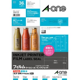 A-One 30612E Inkjet Label Stickers, Ultra Water Resistant, Glossy Film, Transparent, 3 Sheets, 12 Labels/Sheet