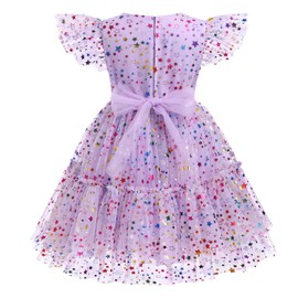 Pageant Dresses for Girls: Princess Rainbow Star Glitters Flutter Sleeve Tulle Tutu Dress Dance Performance Birthday Party Puffy Clothes Holiday Photo Shoot Dress Light Purple 4-5 Years