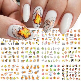 12 Sheets Autumn Maple Leaf Nail Stickers Thanksgiving Fall Leaves Water Transfer Nail Decals Holographic Colorful Maple Leaf Nail Art Sticker Decal Nail Art Design for Women Manicure Decoration