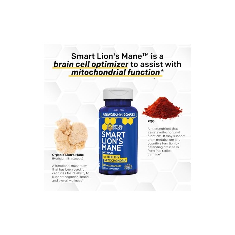 NATURAL STACKS- “Organic Lions Mane 1000mg con PQQ 10mg Optimizador