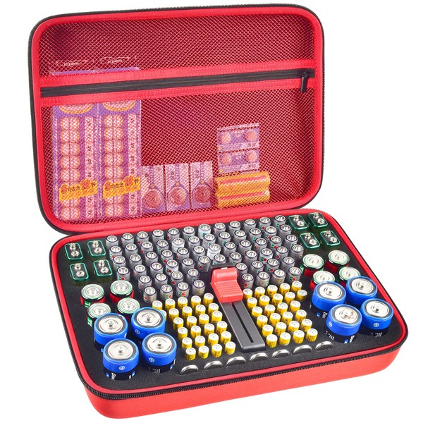 Caja organizadora de batería, contenedor de almacenamiento de baterías con comprobador de probador. Caja organizadora de cochera para AA AAA 9V C D litio 3V LR44 CR2016 CR1632 CR2032 CR2025 (no incluye batería) - Rojo