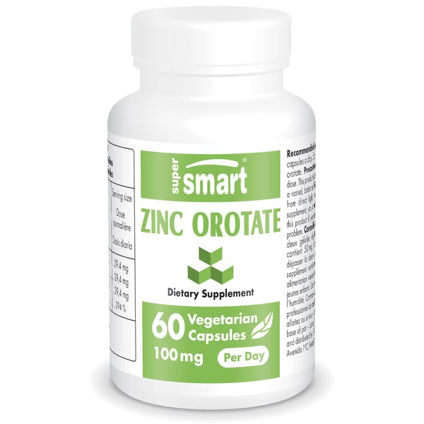 Supersmart - Zinc Orotate Supplement 100mg per Day (Enhanced Form) - Immune Support - Energy & Metabolism Booster - Mild Acne Pills - Skin Health | Non-GMO & Gluten Free - 60 Vegetarian Capsules