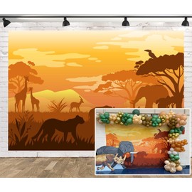 Loccor 7x5ft Fabric African Animal Backdrop Savannah Tropical Animals Giraffe, Rhino, Elephant Silhouettes Safari Background for Animal Theme Party Decorations Photo Props