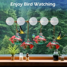 Set of 3 Hummingbird Feeders for Outdoors Hanging,Hand-Blown Glass Hummingbird Feeder with Silicone Feeding Perch,Never Leak,Gardening Gifts for Woman Man(Red)