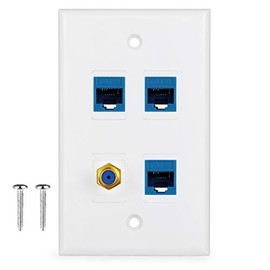4 Port Wall Plate with Gold-Plated Coaxial TV Cable F Type + 3 Port Cat6 Ethernet Female to Female Jack in White …