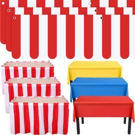 Fanfanwin 9 Pcs Carnival Theme Party Decorations Carnival Table Skirts Red White Striped Table Cloth Carnival Circus Theme Tent Banner for Carnival Circus Decors Party Supplies
