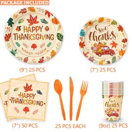 200PCS Thanksgiving Plates and Napkins, Fall Paper Plates and Napkins Set Includes Dinner Plates, Dessert Plates, Napkins, Cups, Knife, Fork and Spoon for Thanksgiving Dinner Party Supplies Serves 25