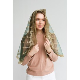 Catholic Mantilla Mass Infinity Veil Church Lace Veil Spanish Chapel Mass Head Covering Veil Long AveMaria (Gold/Green)