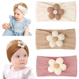 NJCXOLA 3 Pieces Baby Flower Headband, Nylon Baby Headbands, Soft Hair Bands, Baby Accessories for Newborns, Toddlers (Beige, Khaki, Pink)
