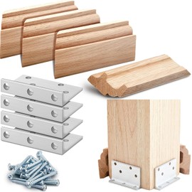 Blulu 1 Set 3-1/2" Newel Post Mounting Kit 4 Pcs L Bracket Metal Post Anchor with 4 Pcs Red Oak Wooden Trim Deck Base Fasteners for Fastening Handrails Balustrades to Stairs and Floors