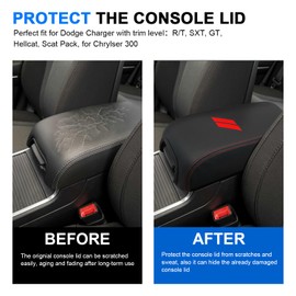 REMOCH Center Console Cover for Dodge Charger Accessories 2011-2021 2022 2023 for Chrysler 300 2015-2022 Leather Armrest Cover Console Box Lid Protector Interior (Red Stitches, Leather)