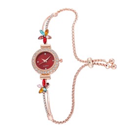 ADSBIAOYE Women's Fashion Simple Floral Bracelet Watch Diamond Quartz Light Luxury Watch (Red)