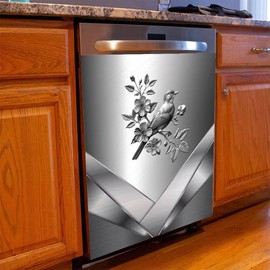 Kitchen Decor Dishwasher Magnet Cover Decal Sticker,Silver Stainless Steel Background Bird and Flower Pattern Magnetic Refrigerator Covers Decorative,23 W x 26 H inches