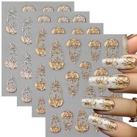 4 Sheets Gold Flower Nail Art Stickers, 5D Embossed Acrylic Decals French Carving Floral Heart Tree Self-Adhesive Nail Art Supplies for Women Girls Designs DIY Manicure Decoration
