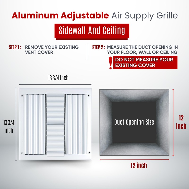 Fits 12x12 Duct Opening Aluminum 4-Way Adjustable Air Supply Grille