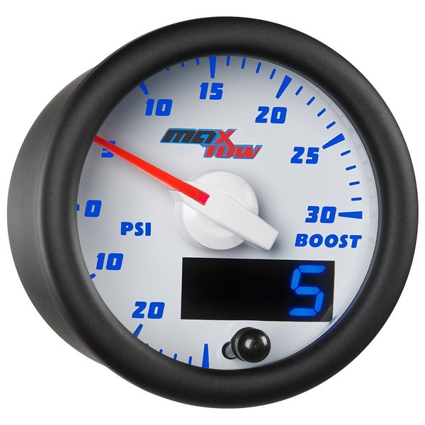 MaxTow Double Vision 30 PSI Turbo Boost/Vacuum Gauge Kit - Includes Electronic Pressure Sensor - White Gauge Face - Blue LED Dial - Analog & Digital Readouts - for Gas Trucks - 2-1/16" 52mm
