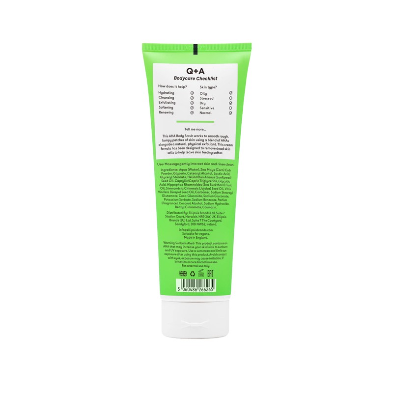 Q+A AHA Exfoliator Body Scrub (250ml), Exfoliating Body Scrub with
