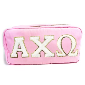 Alpha Chi Omega Nylon Makeup Travel Bag, Glitter Greek Letter Patch, Cosmetic Case - Pink - ΑXΩ