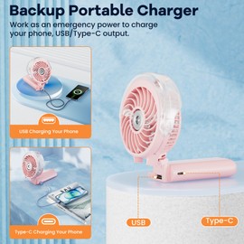 HandFan 5200mAh Portable Misting Fan with Charger, Rechargeable Handheld Personal Mister Fan, Battery Operated Spray Water Mist Fan, Mini Hand Fans for Women, Beach, Travel, Outdoors(Pink)