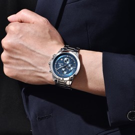 Benyar Watches Men's Analogue Quartz Chronograph Men's Watches 50 m Waterproof Luminous Date Watch Casual Business Watches Classic Elegant Gifts for Men, 5210 Silver Blue, Bracelet