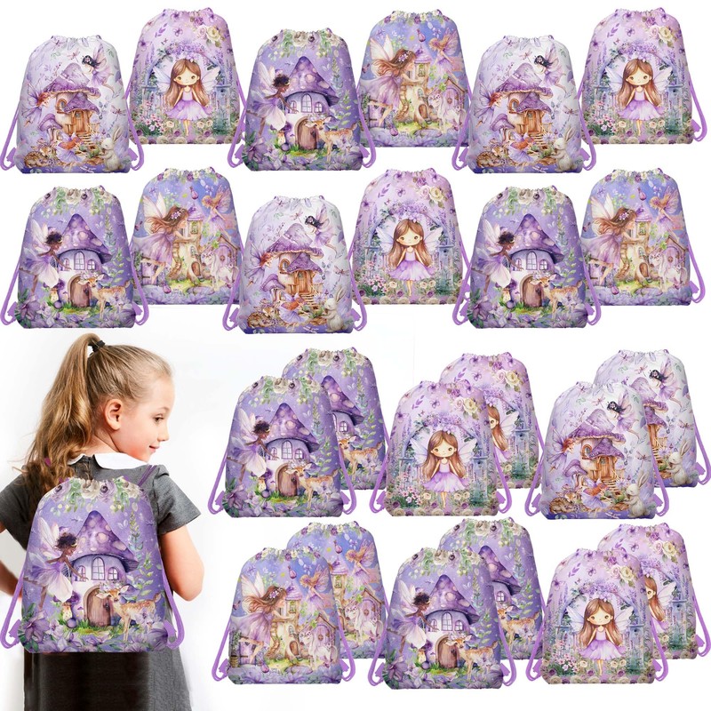 12 Pcs Purple Mushroom House Drawstring Non-Woven Bag Fairy Drawstring