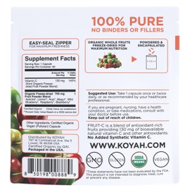 KOYAH Fruit-C Capsules, 130mg Natural Vitamin C from Organic Freeze-Dried Fruits, Whole-Food, Non-GMO, Vegan 100% Pure (Acerola, Lemon, Acai, Maqui, Wild Blueberry, Raspberry, BlackBerry)