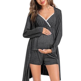 SWOMOG Womens Maternity Robe Set 3 Piece Nursing Pajamas for Breastfeeding 3 in 1 Labor Delivery Hospital Pregnancy Pjs Deep Grey