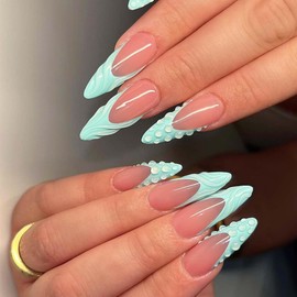 Long Press On Nails Green French Tip Fake Nails Stiletto False Nails With 3D Wave Design Artificial Glossy Glue On Nails Full Cover Acrylic Almond Stick On Nails For Women 24pcs