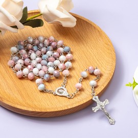 YQZIYOU Rosary Beads Catholic for Women - Gradient Colored Crystal Rosary Beads, Solid Colored Simple Style Button Bag, Gifts for Women