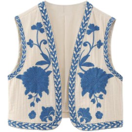 Meihuida Women Embroidered Vest Top Y2k Vintage Open Front Floral Boho Cropped Waistcoat Blue L