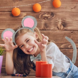 Snwquik 3 Pcs Mouse Ears Headband Mouse Costume Accessories Kids,Grey Rat Ears Headband/Tail/Bow Tie for Girls Cosplay Set