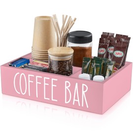 ALELION Pink Coffee Station Organizer with Removable Dividers - Wood Coffee Bar Accessories Organizer for Countertop - Coffee Pod Storage Basket for K Cup Sugar Tea - Pink Kitchen Coffee Bar Decor