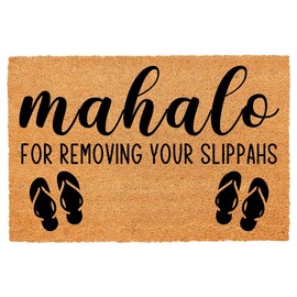 Funny Coir Doormat Mahalo for Removing Your Slippahs - Hawaiian Welcome Front Porch Decor for The Entrance Way - Heavy-Duty PVC Backing Non Slip Outdoor Rug 23.6 x 15.7 Inch