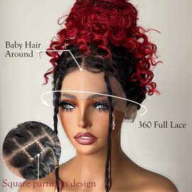 FABÉLLE Knotless Box Braided Wigs with Boho Curls Full Lace Braid Wigs Ombre Red Boho Braided Wig for Women Bohemian Braided Lace Front Wigs T/RED 30 Inch