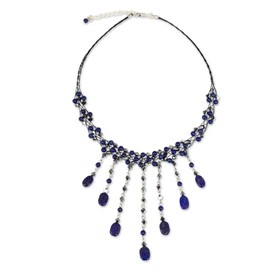 NOVICA Artisan Handmade Lapis Lazuli Choker Waterfall Necklace Stainless Steel Glass Bead Blue Thailand Royal Reflecting Pond Birthstone Gemstone [14.5 in Inner Circ. x 0.8 in W Pendant(s) 3.2 in L X]