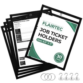 FLAIRTEC Job Ticket Holders 8.5x11 (30 Pack) | Reusable Dry Erase Pockets Black with Metal Rings & Hooks | Durable Clear Shop Sleeves for Work Order | Perfect for Classrooms, Offices & Industrial Use