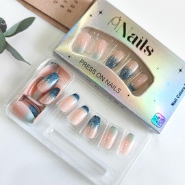 Blue Glitter French Tip Press on Nails Sparkly Fake Nails Gradient Blue False Nails Glossy Gel Glue on Nails Medium Coffin French Nails Full Cover Stick on Nails for Coquette Women Girls 24Pcs