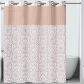 Hookless It's A Snap! French Damask Shower Curtain, 3-in-1 Shower Curtain Includes Fabric Shower Curtain with Sheer Top Window, Flex-On Rings & Fabric Liner, 71" x 74", Coral