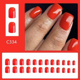 24Pcs Red Press On Nails Short Square Fake Nails Solid Color With Design Glossy Acrylic Nails Full Cover Artificial Nails Cute Glue On Nails Reusable Stick On Nails For Women Girls