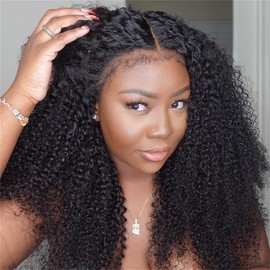Bele Kinky Curly Wig 13x4 HD Lace Frontal Wigs Human Hair 18 inch 200 Density Afro Kinky Curly Transparent Lace Front Wigs for Women Pre Plucked with Baby Hair Natural Color