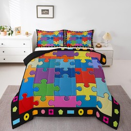Geometric Jigsaw Puzzle Comforter Set Twin Size,Colorful Patchwork Square Puzzle Bedding Set,Kids Boys Girls Teens Room Decor,Child Funny Games Quilt Set Reversible Black Duvet Insert 2Pcs