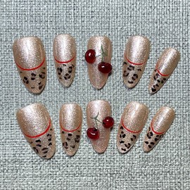 Handmade Press-On Nails, French Tip Press-On Nails, Handcrafted Leopard Print Nails with 3D Cherry Design, Reusable Hand-Painted Nails, Including Tool Kit, 10 Pieces (SHN2-M, Medium)