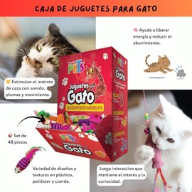 Fancy Pets Juguetes para Gato con Sonido y Plumas, Set de 48 Piezas con Diferentes Diseños, Texturas y Materiales, Estimulan Instinto de Caza