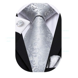 Hi-Tie Silk Ties for Men Plaid Paisley Striped Necktie Pocket Square Cufflinks Set Formal Business,Silver Gray