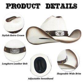 Cowboy Hat with Shapeable Large Brim - Straw Cowboy Cowgirl Hats Cattleman Crease Western Country Hats with Premium Hat Bands (White)