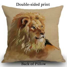 Smooffly Lion Cotten Linen Cushion Cover Watercolor African Wild Lion on a Brown Background Decorative Square Throw Pillow Case Pillowcase for Couch Livingroom Sofa Bed 45cm x 45cm,18x18 Inches