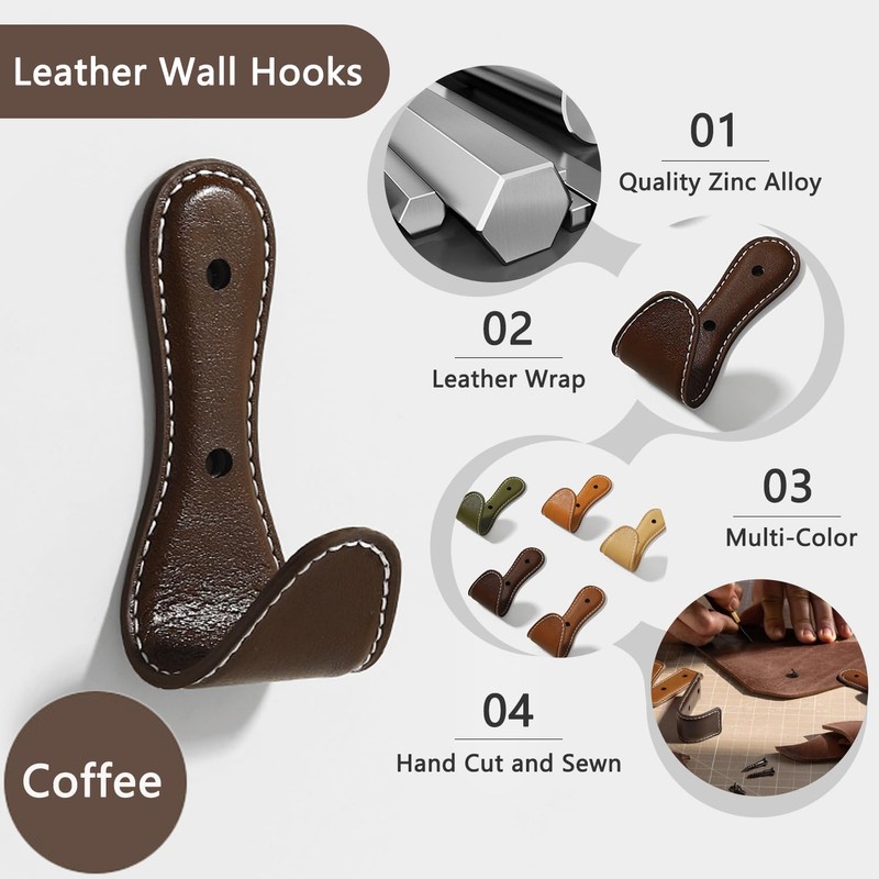 XSGTZMJ 4PCS Coat Hooks Wall, Leather Coat Hook Zinc Alloy