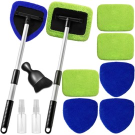 Qydipclin 11pcs Windshield Cleaner Tool, Car Window Cleaning Wash Kit with 6 Reusable Microfiber Pads 2 Spray Bottles and Extendable Handles Auto Glass Wiper Kit, Blue & Green