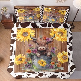 WeCozy Full Size Comforter Set with 2 Pillowcases, Wooden Sunflowers Flower Soft 3 Pcs Bedding for Kids and Adults, Cute Highland Cow Print Comforter Set for Bedroom Bed Decor